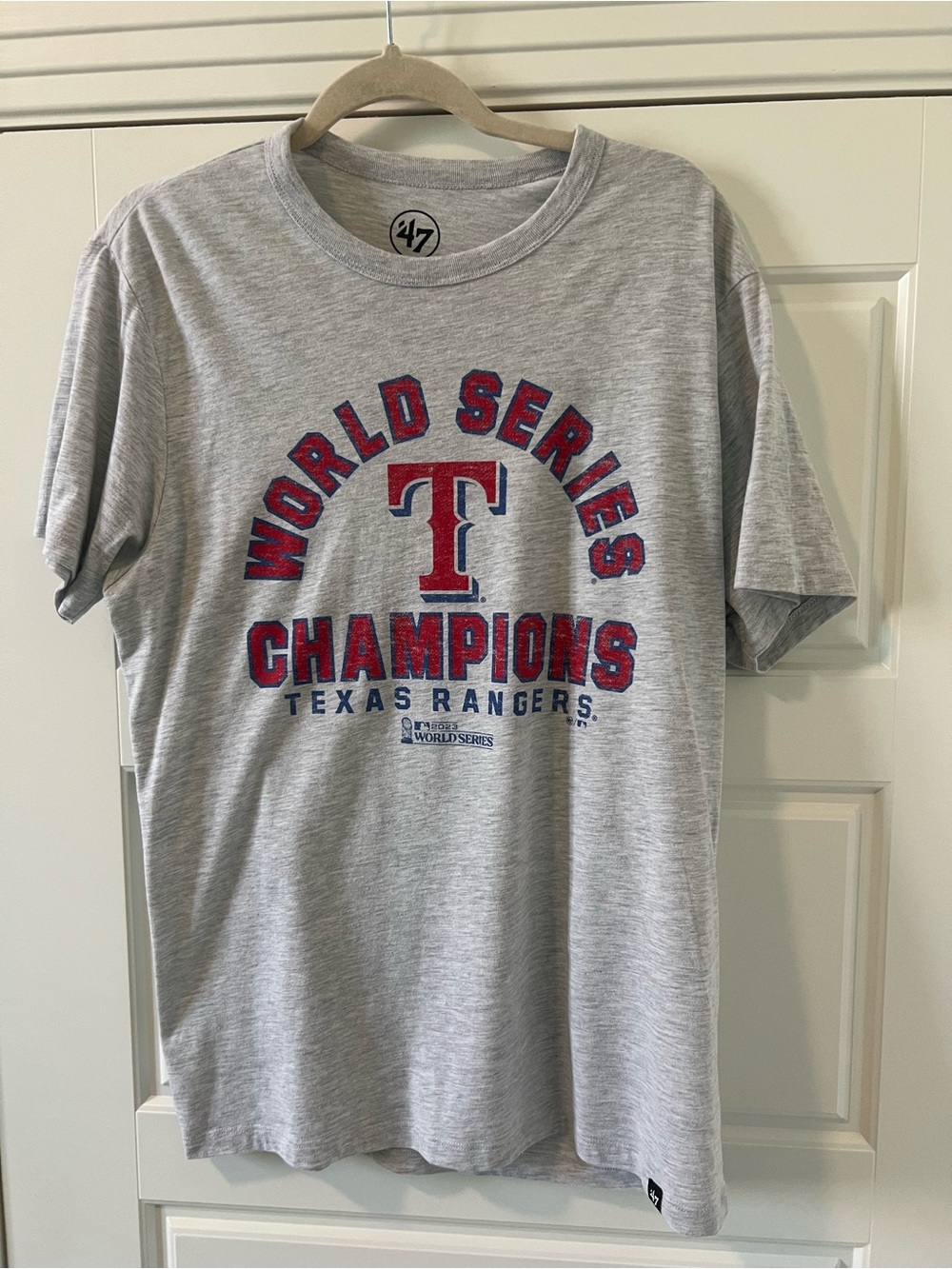 47 Brand Gray Texas Rangers World Series Champions Tee with Red and Navy Logo